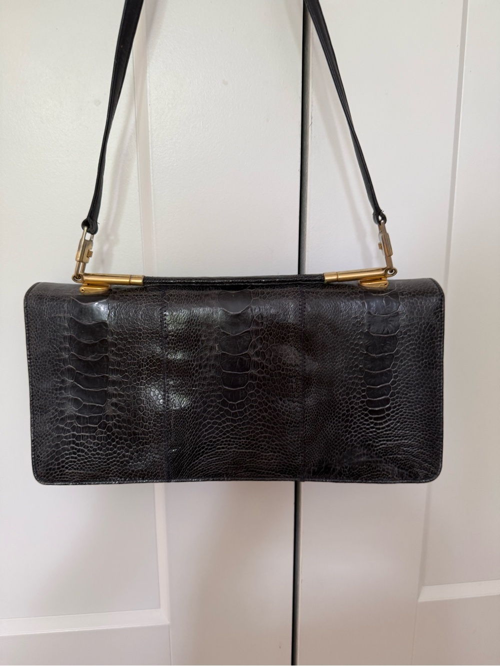 Vintage Ostrich by Black Embossed Shoulder Bag with Gold Accents